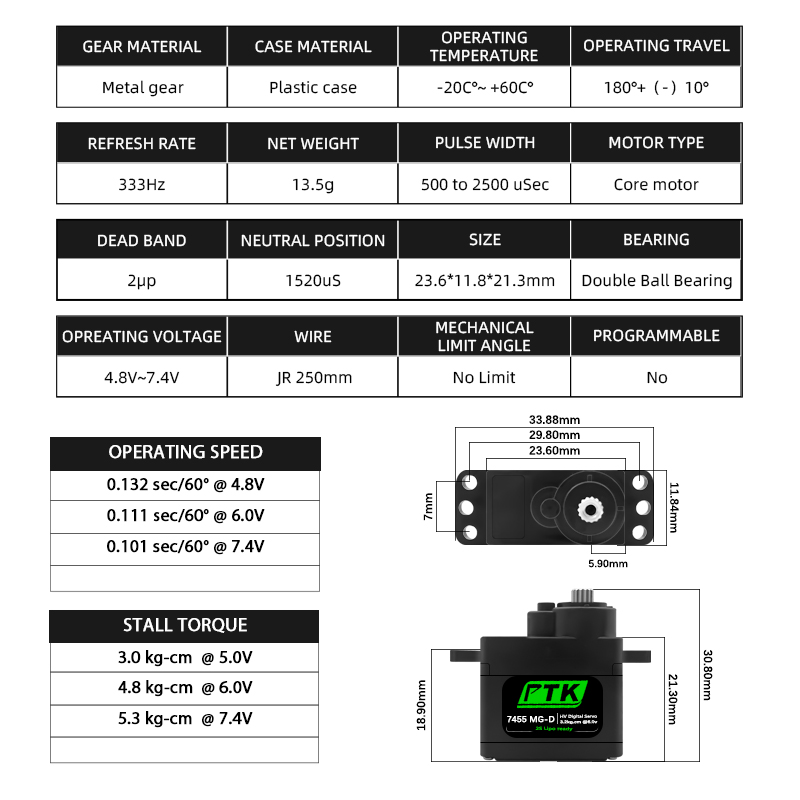 PTK 7455MG-D サーボ 12 グラムデジタルサーボ - Servo Metal Gear のレビューと価格